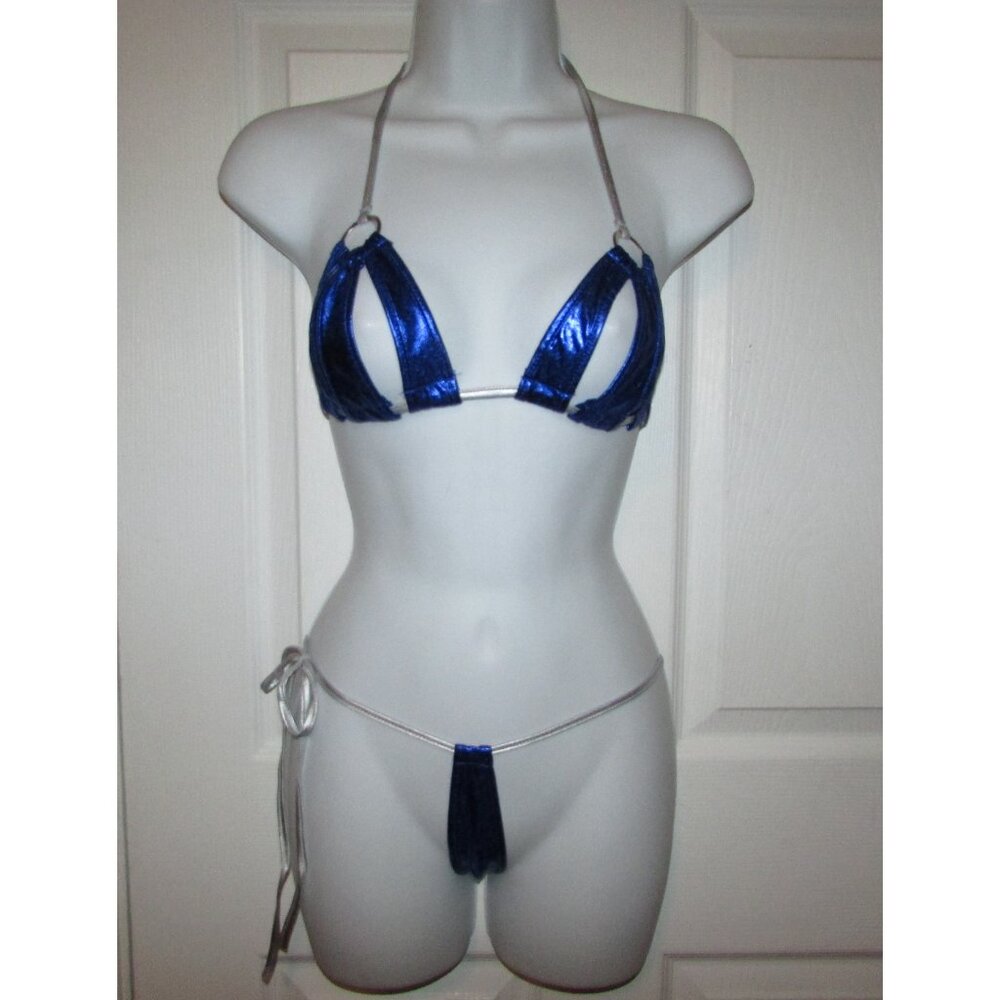 Blue Silver Metallic Micro Strappy String Thong Bikini - NEW